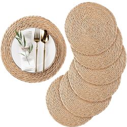 Round Woven Placemats Set of 6, Natural Water Hyacinth Place mats, 12 inch Rattan Placemats Wicker Placemats Farmhouse Boho Braided Heat Resistant Out