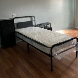 Brand New XL Twin Bed Frame, Mattress, Nightstand And Fabric Dresser- All New!! 
