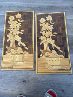 VTG Straw Marquetry Floral Art Pictures Set Of 2 1960's 24x12