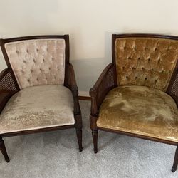 Barrel Back Chairs With Cane Sides & Velvet Upholstery 