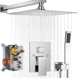 12 Inch Shower Faucet Set, Rainfall Shower System with Square Fixed Shower Head and High Pressure Handheld Shower Head, Spray Wall Mounted Rainfall Sh