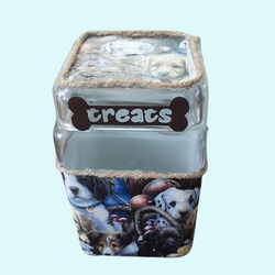 Glass Dog Treat Jar with Puppy Collage Canister & Rustic Rope