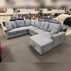 Gray Corduroy sectional pull out sofa bed sleeper sofa with storage