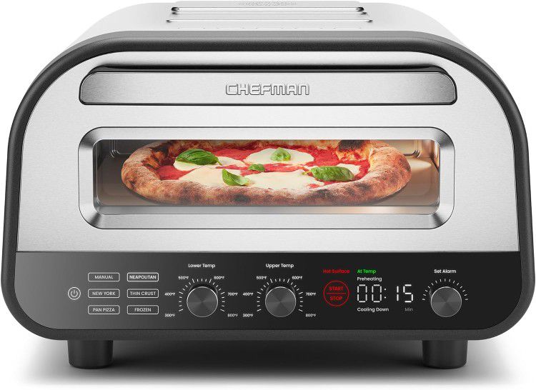 Used Chefman Electric Indoor Pizza Oven in box with pizza peel