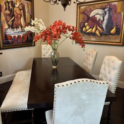 Elegant Dark Wood Dining Table Set w/ Tufted Chairs (6-Piece)