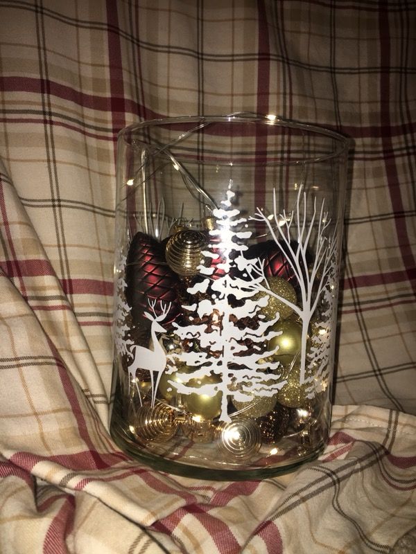 Christmas vase with lights and ornaments