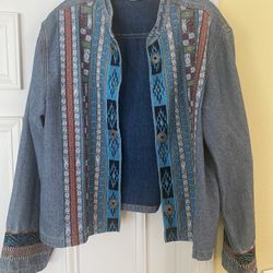 Chicos 3 Denim Open Front Jacket Embroidered Southwest Design Chicos Size XL/16. 