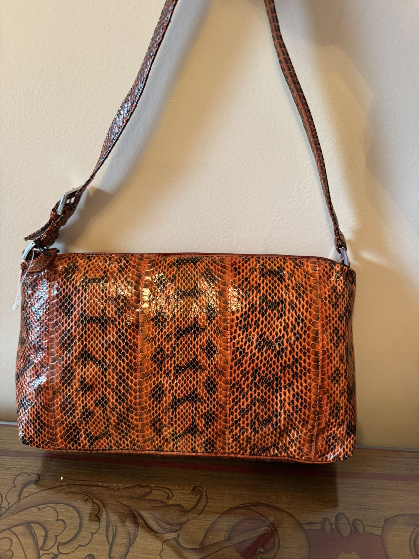DRAMATIC PRICE DROP: VINTAGE NEVER USED With Tags ORANGE And BLACK PYTHON SNAKESKIN BAG By FRANCHI