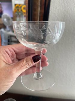 2 Vintage Floral & Vine Etched Champagne Coupes / Low Sherbet Glasses