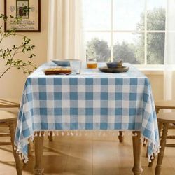 Water Resistant Linen Gingham Tablecloth, 55"x 70", Blue