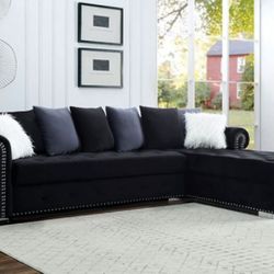 Brand New Black Velvet Plush Sectional Sofa (Pillows Included)