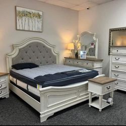 LH👉$49 Down Payment For Financing 👉Realyn Farmhouse Style Whitewash Queen King Bed Nightstand Chest Dresser With Mirror Bedroom Set 