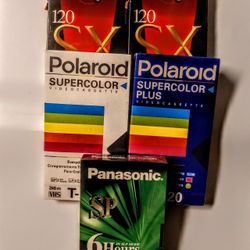 5 Sealed Blank VHS Tapes 2 Polaroid Suoercolor T-120, 2 JVC SX 120, 1 Panasonic