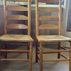 Pair Vintage Wood Ladder Back Colonial Shaker Woven Rush Seat Side/Dining Chairs, 42”