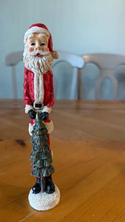 Tall Slim Pencil Santa Figurine with Christmas Tree