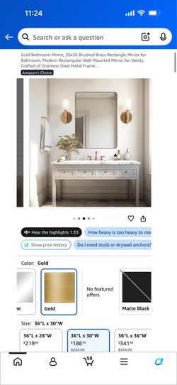 Gold bathroom mirror 36x30
