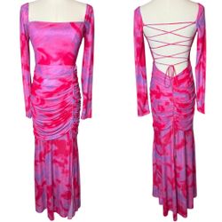 Selfie Leslie Women’s Pink Maxi Dress Apryl Long Sleeve Lace-Up Back NEW Medium