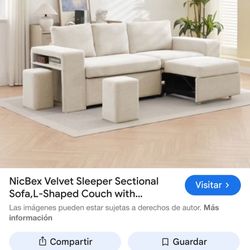 NicBex Velvet Sleeper Sectional Sofa,L-Shaped Couch with Reversible Chaise for Living Room,Apartment,Office,Beige