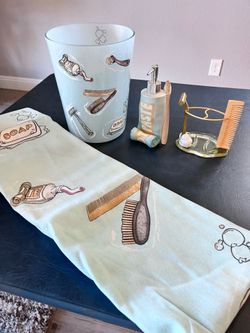 Bathroom Accessories Set: shower curtain, trash can, toothbrush holder, soap dispenser