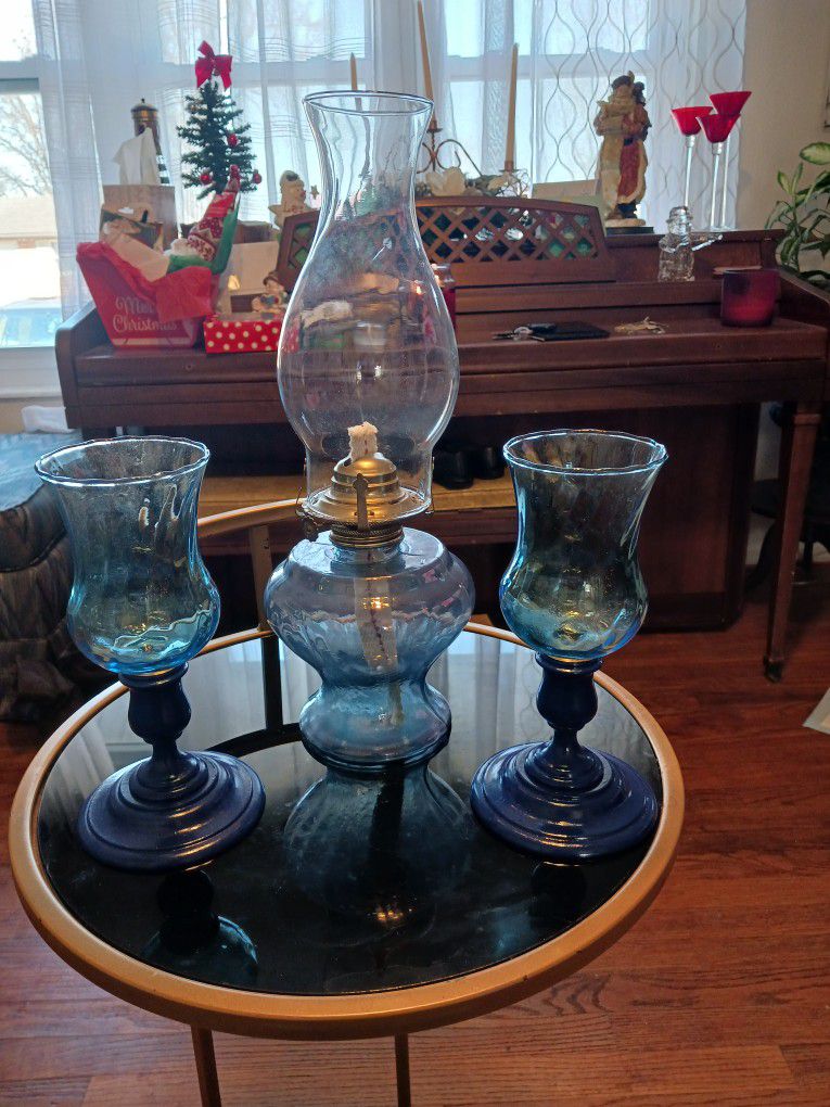REALLY NICE LOOKING  BLUE  TINTED OIL LAMP AND  REALLY NEAT LOOKING BLUE  CANDLE HOLDERS 