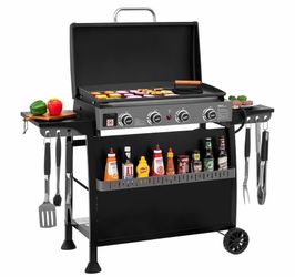 royal Gourmet PD4001 - Plancha de gas propano de 4 quemadores con carrito de pie removible, diseño convertible a mesa, parrilla superior plan  a con c