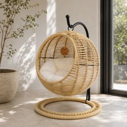 Indoor Rattan Wicker Pet Swing Bed Egg Chair with Stand & Cushion - Brown