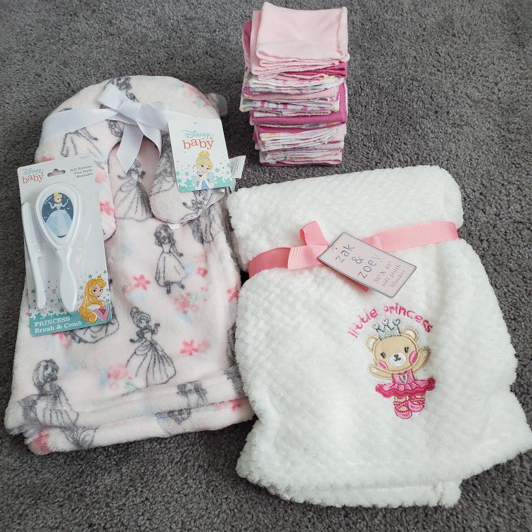 Baby Girl Blankets, Brush Set, And Wash Cloth Set
