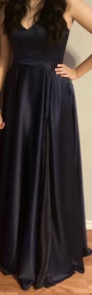 V-Neck Spaghetti Strap Princess Seam Side Slit Flounce Satin Ball Dress Gown