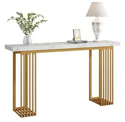 White Faux Marble Console Table with Gold Legs – Modern Entryway Table