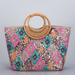 1 Floral Embroidered Bamboo-handled Handbag, Suitable for Daily Use and Vacations
