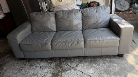 Gray Leather 3-Seat Sofa