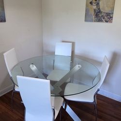 53" Modern Round Glass Dining Table Set + 4 White Chairs
