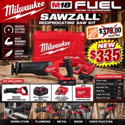 New $335 Milwaukee M18 FUEL 18V Lithium-Ion Brushless Cordless SAWZALL Reciprocating Saw Kit W/one 5.0 Ah Batteries.