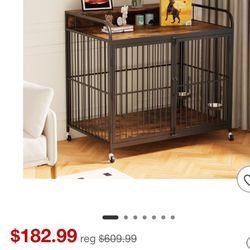 Dog Crate Furniture Rustic Brown Medium-sized, Indoor Kennel with Adjustable Feeder and 360-Degree Wheels, Wooden Decorative Pet House and Side Table
