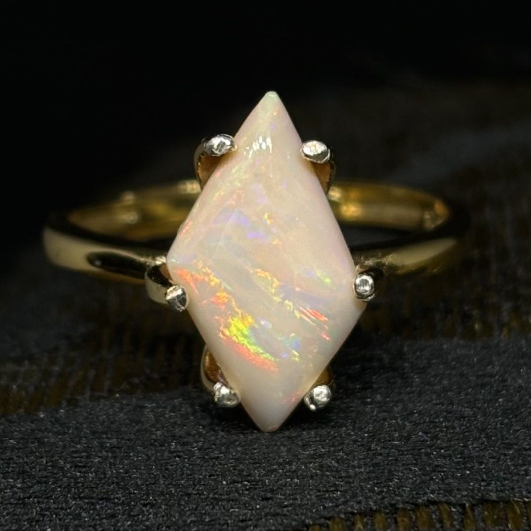 Multifired White Mexican Fire Opal 18k Gold Custom Ring With Silver Tips