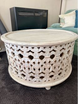 36" Round White Wash Hand Carved Drum Style Coffee Table