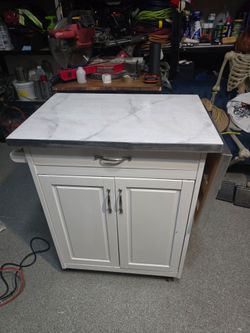 White Kitchen Island Cart with Marble-Look Top