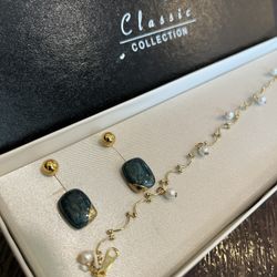 Gold Plated Pearl Necklace And Earrings 