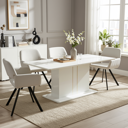 Homy Casa Quinby 5PC Dining Set 81” Extendable High Gloss Table with 4 California Swivel Beige Fabric Armchairs Modern Pedestal Base