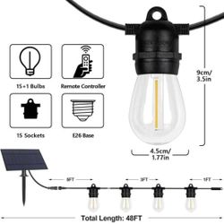 BesLowe 48FT S14 Solar String Lights Outdoor with Remote Controller, Solar Powered Patio Lights Waterproof with LED Edison Bulbs, Dimmable Hanging Lig