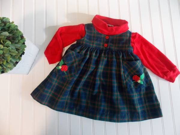 Vintage Rebecca Raggs Girls 24M Plaid Blue/Green Ladybug Outfit Jumper Dress 24 Months