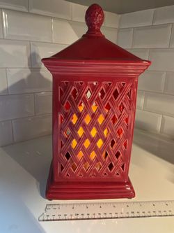 Large Red Ceramic LED Lantern with Timer – Battery Operated