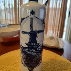 VTG Porcelain Delft Holland Blue Corked Jug Decanter 11” Bottle Windmill Floral