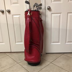 Leather Golf Bag And 11 Golf Clubs