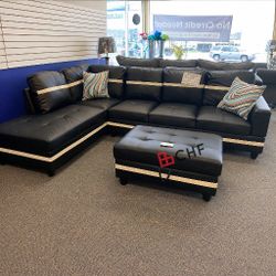 Black And White Modern Living Room Sectional Sofa With Storage Ottoman 