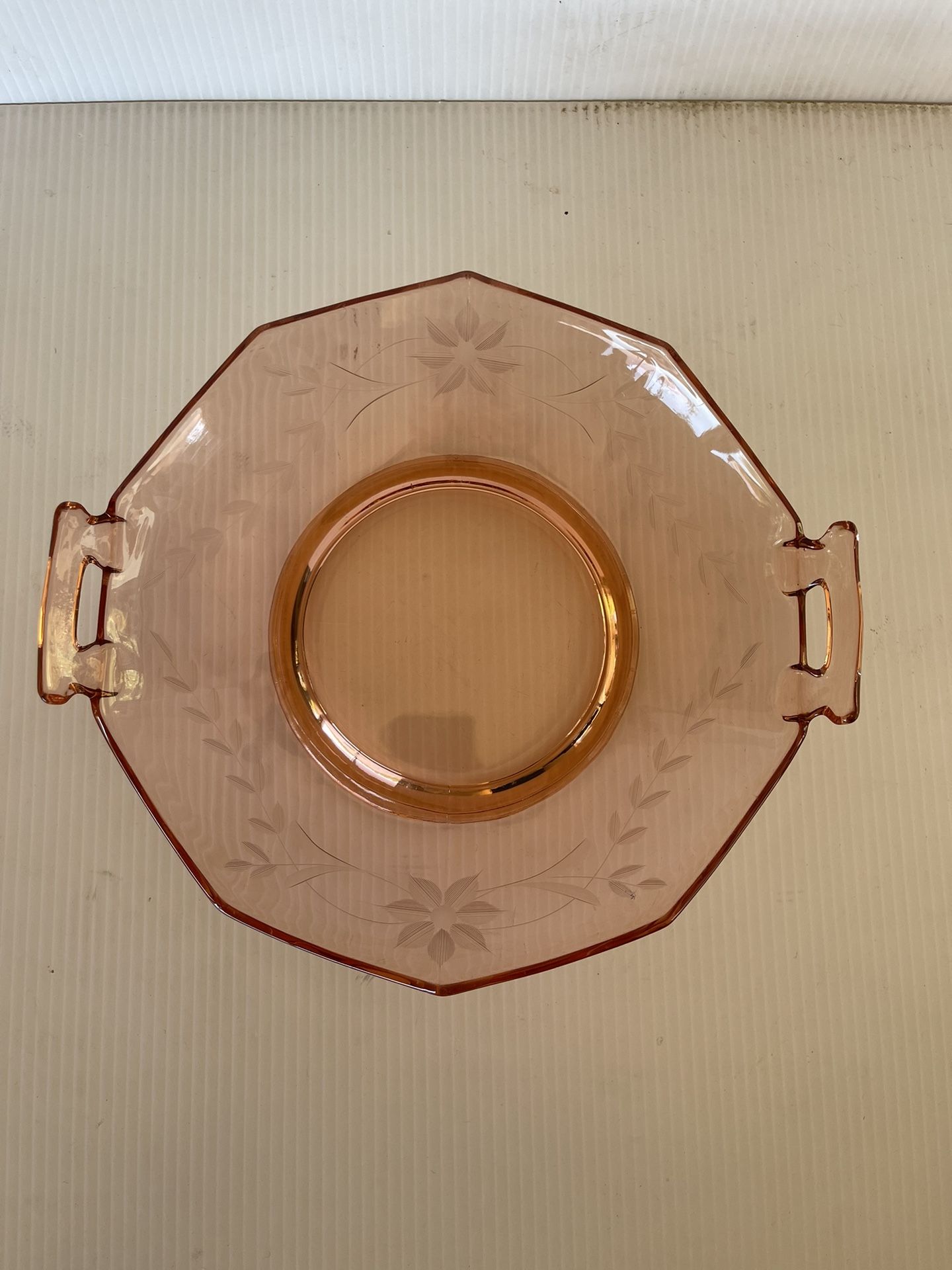 Pink Depression Glass Serving Bowl Plate With Handles Etched Flowers