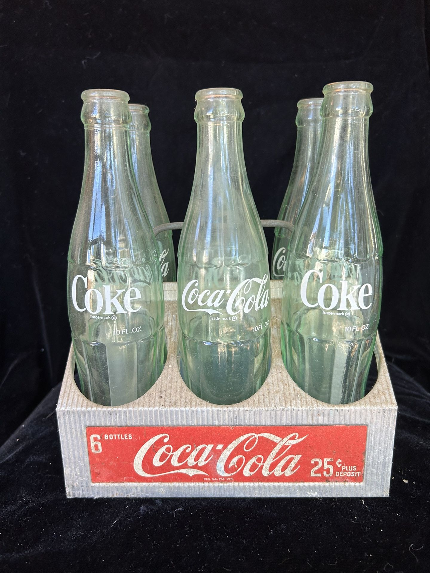 Antique Coke Metal Holder And 6 Bottles