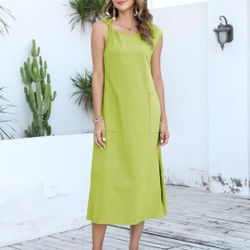 NEW Womens Summer Boat Neck Twist Cap Sleeve Casual Sundress Side Split Midi Tshirt Dress with Pockets green Medium