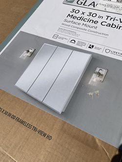 New in box  Glacier Bay 30.4 in. W x 30.2 in. H Rectangular Medicine Cabinet with Mirror in White with Adjustable Shelves