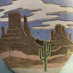 Southwest Art New Mexico Pottery Vase Pastel Colors Gold Trim Desert Navajo